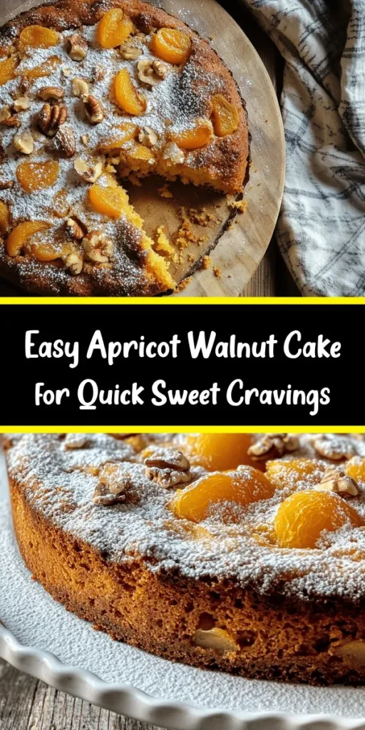 Indulge in a delightful treat with this Quick & Easy Apricot and Walnut Fruitcake! Perfect for any occasion, this recipe combines the sweetness of dried apricots and the crunch of walnuts with warm spices. With just 15 minutes of prep time, you'll have a delicious cake ready in under an hour. Ideal for dessert or a cozy snack, you can even dust it with powdered sugar for a lovely finish. Satisfy your sweet tooth with this easy-to-make dessert!
