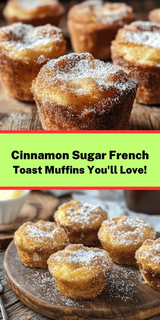 Treat your taste buds to these delightful Cinnamon Sugar French Toast Muffins! Perfect for breakfast or brunch, this recipe transforms classic French toast into scrumptious, easy-to-eat muffins. Made with day-old French bread, eggs, milk, and spices, these muffins are soaked in a creamy mixture before being baked to a golden perfection. Top them off with a cinnamon sugar sprinkle for an extra sweet touch. Enjoy warm, dusted with powdered sugar or drizzled with maple syrup for a delicious start to your day!