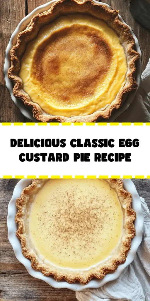 Delight in the creamy goodness of Classic Egg Custard Pie! This easy recipe combines simple ingredients like eggs, sugar, and vanilla for a rich custard filling that’s baked to perfection in a flaky pie crust. Just whisk, pour, and bake for a delicious dessert that everyone will love. Finish with a sprinkle of nutmeg or cinnamon for an extra touch. Perfect for gatherings, this timeless treat is sure to impress your family and friends. Enjoy a slice of nostalgia!