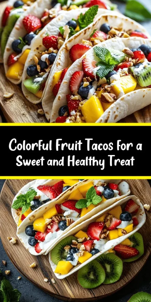 Dive into a burst of flavor with these Fruit Fiesta Tacos! Perfect for breakfast, dessert, or a fun snack, these colorful tacos feature a delightful mix of strawberries, mango, kiwi, blueberries, and banana, all wrapped in warm tortillas. Drizzle with a creamy yogurt sauce infused with honey, lime, and cinnamon, and top off with crunchy nuts and fresh mint for a refreshing twist. Quick to prepare and deliciously vibrant, they’re sure to brighten your day! Enjoy!