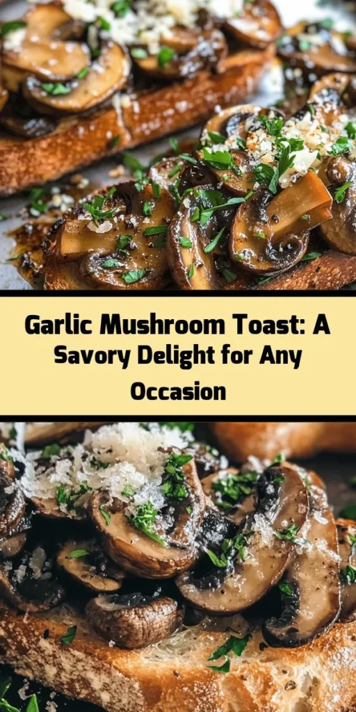 Indulge in the delightful flavors of savory garlic mushroom toast! This easy recipe features sautéed cremini or button mushrooms with fragrant garlic, fresh thyme, and a hint of balsamic vinegar, all served on crispy rustic bread. Top it off with grated Parmesan cheese for an extra touch of richness and finish with fresh parsley for a pop of color. Perfect as a quick appetizer or a delicious snack, this dish is sure to impress. Try it today!