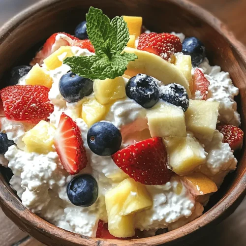 In a world where healthy eating often seems complicated and time-consuming, the Cottage Cheese & Fruit Fiesta Salad emerges as a refreshing and nutritious delight. This vibrant dish harmonizes the creamy texture of cottage cheese with the natural sweetness of fresh fruits, creating a satisfying meal that is not only pleasing to the palate but also packed with essential nutrients. Ideal for breakfast, lunch, or a light dinner, this salad is a quick and easy option for anyone looking to incorporate more wholesome ingredients into their diet.