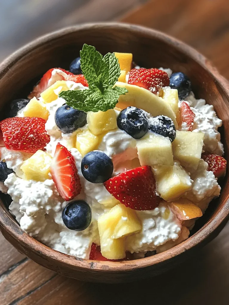 In a world where healthy eating often seems complicated and time-consuming, the Cottage Cheese & Fruit Fiesta Salad emerges as a refreshing and nutritious delight. This vibrant dish harmonizes the creamy texture of cottage cheese with the natural sweetness of fresh fruits, creating a satisfying meal that is not only pleasing to the palate but also packed with essential nutrients. Ideal for breakfast, lunch, or a light dinner, this salad is a quick and easy option for anyone looking to incorporate more wholesome ingredients into their diet.