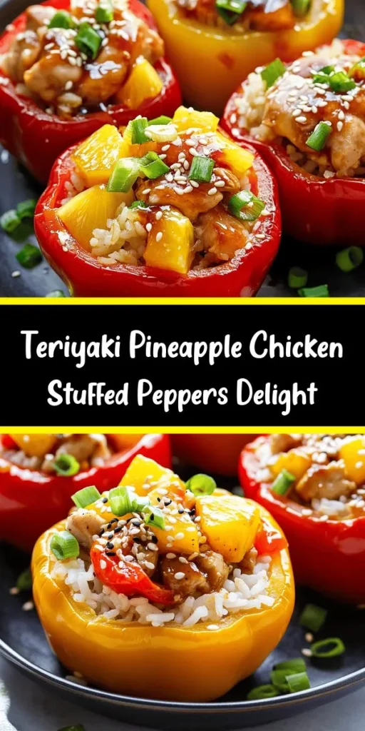 Discover a delicious twist on stuffed peppers with Teriyaki Pineapple Chicken & Rice! These vibrant bell peppers are filled with a flavorful mix of juicy chicken thighs, pineapple, jasmine rice, and a mouthwatering teriyaki sauce. Perfectly baked to tender perfection, this dish is not only easy to make but also bursting with sweet and savory flavors. Garnish with green onions and sesame seeds for an eye-catching presentation. Try this fun recipe for a tropical dinner that's sure to impress!
