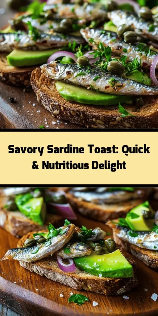 Elevate your breakfast or snack game with these savory sardines on whole grain toast! This quick and nutritious recipe features rich sardines topped with creamy avocado, crisp red onions, and zesty capers, all drizzled with a delicious Dijon and lemon dressing. Ready in just 15 minutes, it's a perfect meal for busy mornings or a light lunch. Garnish with fresh parsley for a pop of color. Enjoy a burst of flavor and healthy omega-3s in every bite!