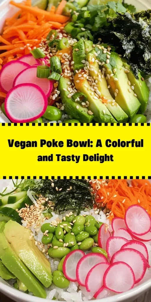 Dive into a refreshing and colorful vegan poke bowl that’s perfect for any meal! This vibrant dish features sushi rice topped with creamy avocado, crisp cucumber, crunchy radishes, and protein-packed edamame all drizzled with a savory sesame dressing. The addition of grated carrot and seaweed salad brings extra texture and flavor, while sesame seeds and fresh cilantro enhance the presentation. Ideal for meal prep or a quick dinner! Enjoy with lime wedges for a zesty kick.