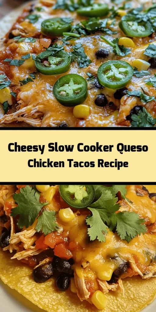 Discover the ultimate comfort food with these Slow Cooker Queso Chicken Tacos! Juicy chicken breasts simmered in salsa and creamy cheese create a mouthwatering filling that’s perfect for any taco night. This easy recipe combines black beans, corn, and taco seasoning for a flavor explosion. Ready in just 15 minutes of prep and cooked to perfection, serve them in warm tortillas and garnish with fresh cilantro and jalapeños for an irresistible meal. Perfect for family dinners or gatherings!