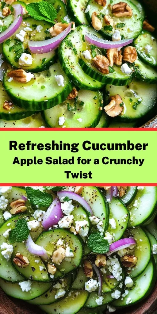 Looking for a refreshing salad that’s perfect for any occasion? Try this crunchy cucumber and apple salad! With the crispness of cucumbers, the sweetness of apples, and a zesty dressing, it’s a delightful mix of flavors. Toss in some toasted walnuts and feta for a satisfying crunch. This quick recipe takes just 15 minutes to prep and is sure to impress your guests. Perfect as a side dish or light lunch, give it a try today! 🥒🍏