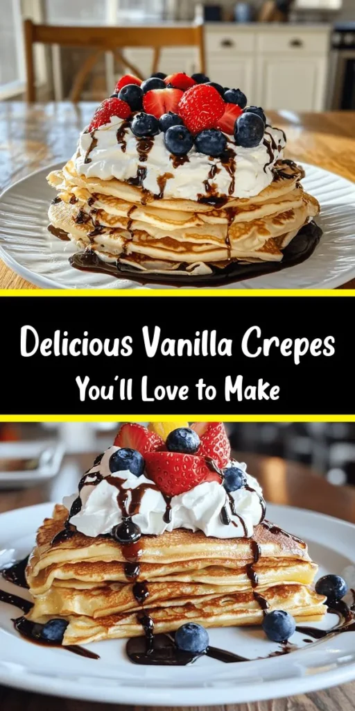 Indulge in the delightful world of Heavenly Vanilla Crepes! This simple recipe features a smooth batter made from flour, eggs, milk, and vanilla, cooked to golden perfection. Perfect for breakfast or dessert, these crepes can be topped with your choice of fresh fruit, whipped cream, chocolate sauce, or maple syrup. With just 10 minutes of prep time, you'll have 8-10 perfectly light and creamy crepes to savor. Enjoy a little slice of heaven!