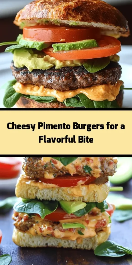 Sink your teeth into these Cheesy Pimento Paradise Burgers for a taste sensation! Juicy beef patties are seasoned to perfection, topped with gooey pimento cheese, and piled high with fresh spinach, ripe avocado, and sliced tomato. Perfect for summer grilling, these burgers are easy to make and packed with flavor. Serve them up with sweet potato fries or a light salad for a complete meal everyone will love. Grab your ingredients and fire up the grill!