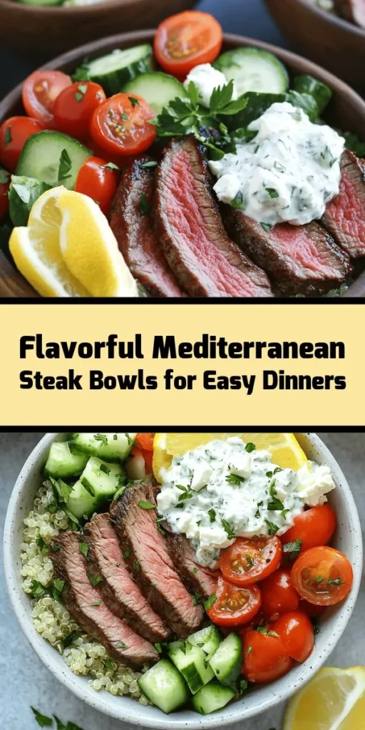 Savor the flavors of the Mediterranean with these delicious Steak Bowls packed with vibrant ingredients! Marinated flank steak is grilled to perfection and layered over a bed of fluffy quinoa or rice. Fresh cherry tomatoes, cucumbers, red bell peppers, red onions, and Kalamata olives add a refreshing crunch, topped with crumbled feta and parsley. Drizzle with tzatziki sauce and enjoy a wholesome meal that’s perfect for sharing with friends or family!