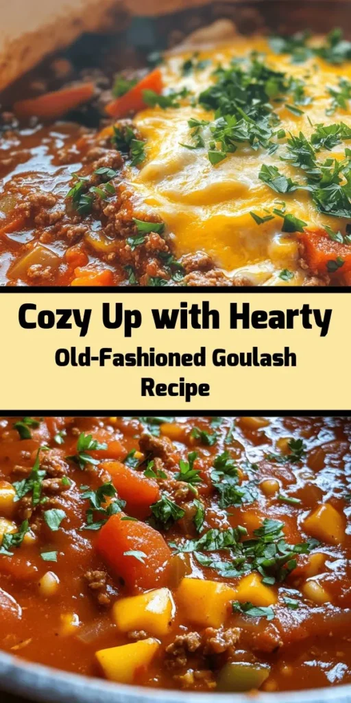 Warm up with this Hearty Old-Fashioned Goulash! This quick and easy recipe combines ground beef, savory vegetables, and elbow macaroni in a rich tomato sauce, perfect for busy weeknights or cozy family dinners. Ready in just 30 minutes, it's a delicious and filling meal that everyone will love. Top it off with shredded cheddar cheese for an extra layer of flavor. Give it a try and savor the comforting taste of classic goulash!