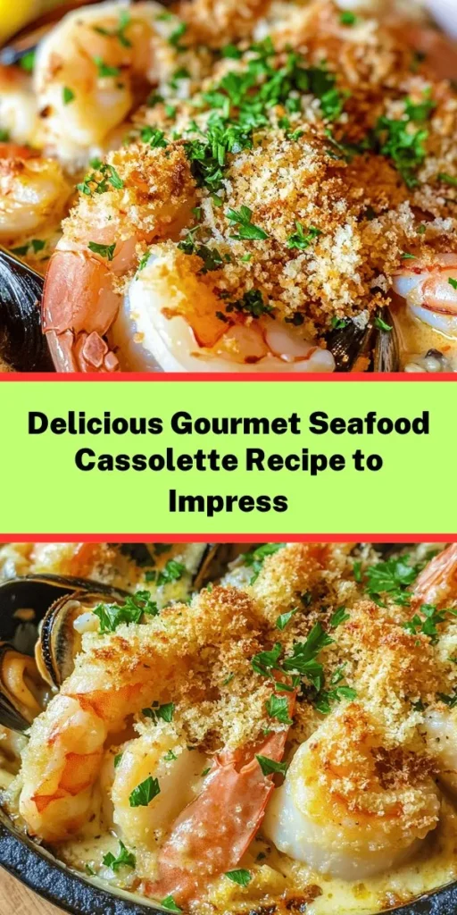 Indulge in the exquisite flavors of this Gourmet Seafood Cassolette! Packed with fresh shrimp, scallops, mussels, and white fish, this comforting dish features a creamy sauce enhanced with white wine and Dijon mustard. Topped with rich Gruyère cheese and crunchy panko breadcrumbs, it's baked to perfection for a delightful golden crust. Perfect for a special dinner or a cozy night in, serve it with lemon wedges and fresh parsley for an unforgettable meal!