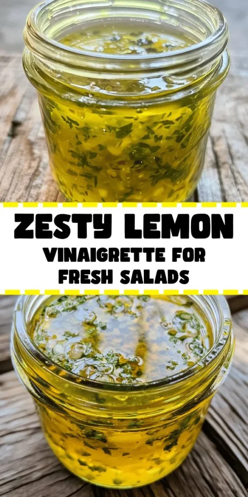 Brighten up your salads with this refreshing Zesty Citrus Delight Lemon Vinaigrette Dressing! Made with fresh lemon juice, extra virgin olive oil, Dijon mustard, and a hint of honey, this dressing is both tangy and sweet. Add minced garlic and fresh herbs for an extra flavor boost. Easy to whip up in just 10 minutes, it’s perfect for drizzling over greens or veggies. Let it chill in the fridge for 15 minutes to enhance the flavors. Enjoy!
