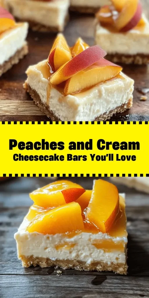 Satisfy your sweet tooth with these delightful Peaches and Cream Cheesecake Bars! Featuring a buttery graham cracker crust and a creamy cheesecake filling studded with fresh peaches, these bars are a perfect summer treat. Topped with a luscious peach mixture, they are easy to make and perfect for sharing. Just 20 minutes of prep and a few hours to chill, you'll have a delicious dessert that everyone will love. Enjoy a bite of sunshine today!