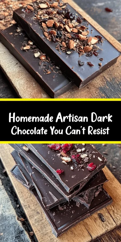 Indulge in the rich, velvety goodness of homemade artisan dark chocolate! This simple recipe requires just a few wholesome ingredients like cocoa butter, cocoa powder, and your choice of natural sweeteners. With optional add-ins like nuts or dried fruits, you can create a personalized treat that's perfect for any occasion. Ready in just over 2 hours, this dark chocolate is sure to satisfy your sweet cravings while being a healthier option. Try it today and enjoy the delightful flavors!