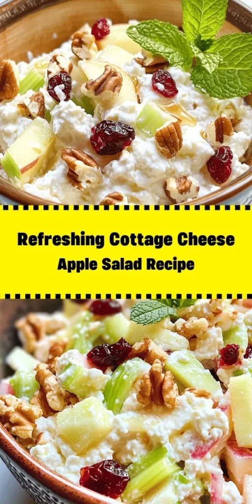 Discover a refreshing twist on salad with this Cottage Cheese and Apple Salad! Packed with protein from cottage cheese and a delightful mix of crunchy apples, celery, walnuts, and dried cranberries, this dish is both nutritious and satisfying. Drizzled with a touch of honey or maple syrup and brightened with lemon juice, it makes for a perfect side or light snack. Chill for 15-30 minutes, and serve it garnished with fresh mint for an extra pop. Enjoy!
