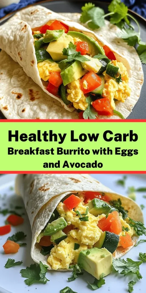 Start your day with a delicious and healthy low carb breakfast burrito! Packed with scrambled eggs, fresh avocado, and sautéed vegetables like bell peppers, zucchini, and spinach, this recipe is not only easy to make but also full of flavor. Perfect for those following a low carb diet, you can wrap it in a low carb tortilla or use lettuce leaves for a lighter option. With just 20 minutes of prep time, this satisfying meal is ideal for any busy morning. Garnish with cilantro for an extra touch!