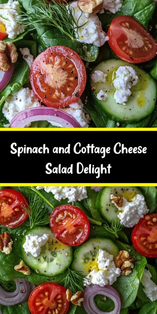 Discover the vibrant flavors of this Cottage Cheese and Spinach Salad! Loaded with fresh spinach, juicy cherry tomatoes, and creamy cottage cheese, this salad is perfect for a quick lunch or light dinner. Tossed with crunchy walnuts and dressed with a zesty lemon-olive oil vinaigrette, it's both nutritious and satisfying. Ready in just 15 minutes, it’s a delicious way to enjoy wholesome ingredients. Add some fresh herbs for a beautiful finish!
