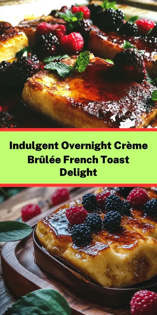 Elevate your brunch game with this delicious Overnight Crème Brûlée French Toast! Made with thick slices of challah or brioche bread and soaked in a creamy custard, this recipe is a true showstopper. Just prep the night before, bake, and finish with a caramelized sugar crust for that perfect brûlée effect. Serve it warm with maple syrup and fresh berries for a delightful meal everyone will love. Perfect for special occasions or a cozy family breakfast!