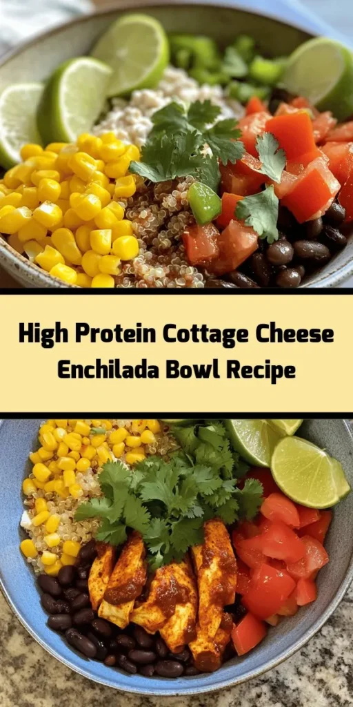 Try this High Protein Cottage Cheese Enchilada Bowl for a delicious and nutritious meal! Packed with protein from cottage cheese and quinoa, this vibrant dish combines black beans, corn, diced tomatoes, and bell peppers, all seasoned to perfection. Easy to whip up in just 30 minutes, it's perfect for busy weeknights or meal prep. Garnish with fresh cilantro and serve with lime wedges for an extra zing. A colorful bowl of goodness awaits you!