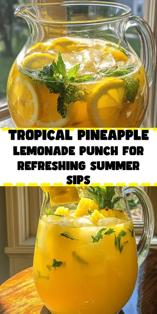 Quench your thirst this summer with a tropical Pineapple Lemonade Punch! This refreshing drink combines fresh pineapple juice, zesty lemon juice, and coconut water, sweetened to perfection with honey or agave syrup. The addition of sparkling water adds a delightful fizz, while fresh mint leaves elevate the flavor. With just 10 minutes of prep time, serve this vibrant punch over ice, garnished with lemon slices and pineapple wedges for a perfect party treat!