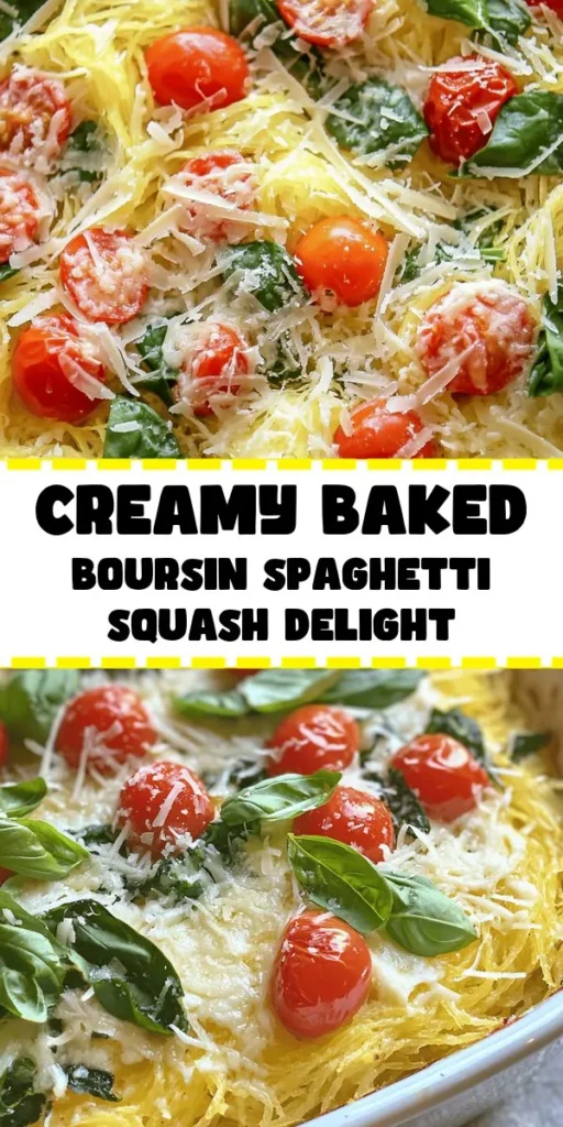Indulge in a creamy, healthy treat with this delicious Baked Boursin Spaghetti Squash recipe! Easy to make in about an hour, it features roasted spaghetti squash filled with a rich mixture of Boursin cheese, sautéed cherry tomatoes, garlic, and fresh spinach. Topped with Parmesan and garnished with basil, this dish is perfect for a cozy dinner or a nutritious side. Simple ingredients combine for a flavorful experience you won’t forget!