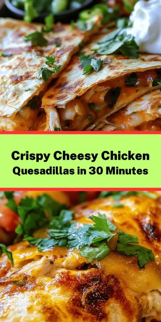 Looking for a delicious, cheesy meal that’s quick to make? Try these Crispy Cheesy Chicken Quesadillas! Packed with tender shredded chicken, a flavorful blend of cheeses, and colorful veggies, these quesadillas are a hit for dinner or snack time. They’re easy to assemble and cook in just 30 minutes. Serve them warm with sour cream and salsa for the ultimate indulgence. Perfect for family meals or gatherings!