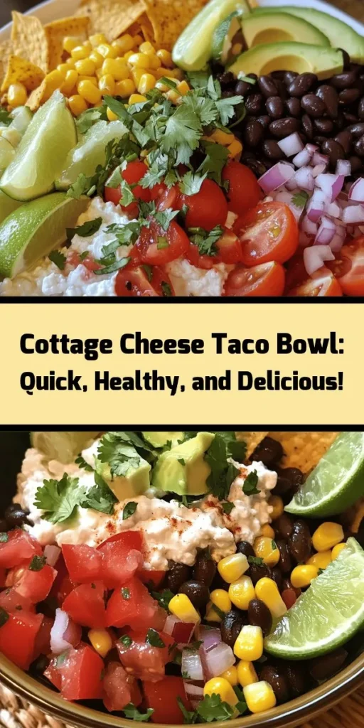 Create a flavorful and nutritious meal with this Easy Cottage Cheese Taco Bowl! Packed with protein and vibrant ingredients like cherry tomatoes, black beans, and avocado, this bowl is a delightful twist on traditional tacos. Simply mix the cottage cheese with spices and fresh veggies, then serve with a squeeze of lime and optional tortilla chips for crunch. Perfect for a quick lunch or dinner, this recipe is ready in just 15 minutes!