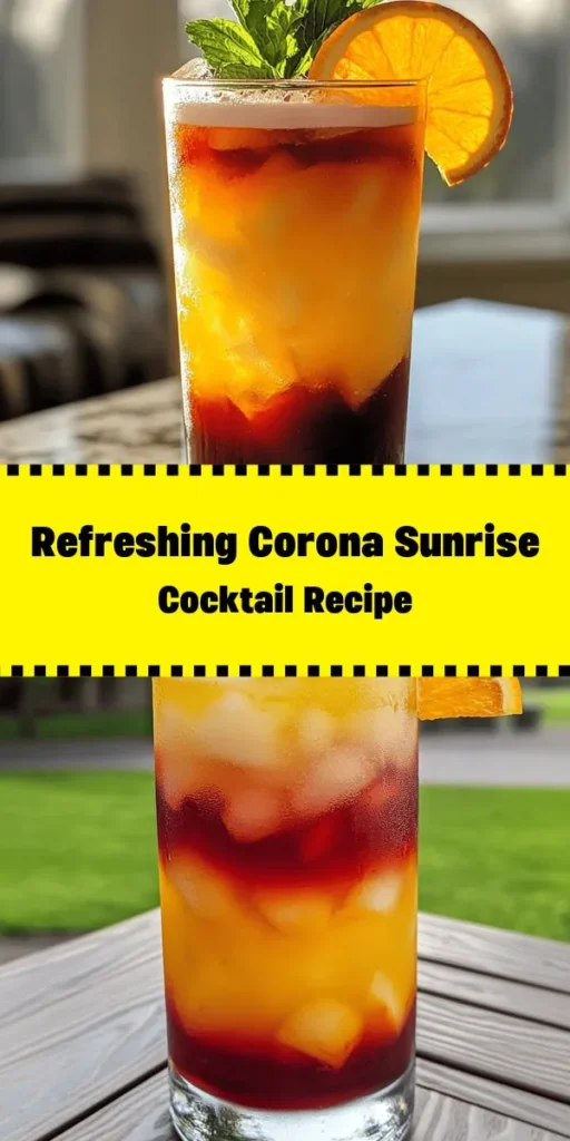 Brighten your day with a refreshing Corona Sunrise cocktail! Made with fresh orange juice, grenadine, and a splash of light lager, this drink is as lovely to look at as it is to sip. The stunning layers mimic a beautiful sunrise, making it perfect for brunch or a summer gathering. Simply mix, garnish with mint and orange, and enjoy in just 5 minutes. Perfect for a laid-back afternoon or a fun party! Cheers to good vibes!