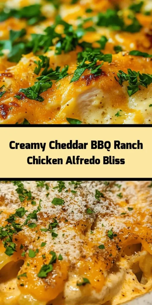 Indulge in this creamy Cheddar BBQ Ranch Chicken Alfredo that's a delightful twist on classic comfort food! Made with tender chicken, fettuccine, and a luscious sauce, this dish combines sharp cheddar, ranch, and BBQ for a flavor-packed experience. Perfect for a quick dinner, it’s ready in just 30 minutes and serves four. Garnished with fresh parsley, it's not only delicious but also visually stunning! Try this easy recipe for a meal the whole family will love.