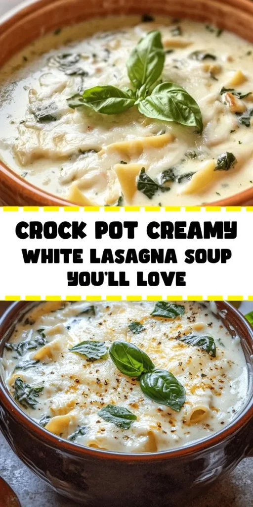 Indulge in a warm bowl of Creamy Crock Pot White Lasagna Soup, perfect for cozy evenings! This rich and hearty dish combines ground Italian sausage, hearty chicken broth, creamy ricotta, and fresh spinach. With tender lasagna noodles cooked to perfection, it's as comforting as traditional lasagna but effortless to make. Just toss everything in your crock pot and let it do the work! Serve with a sprinkle of mozzarella and fresh basil for a delightful finish. Enjoy a bowlful of deliciousness!