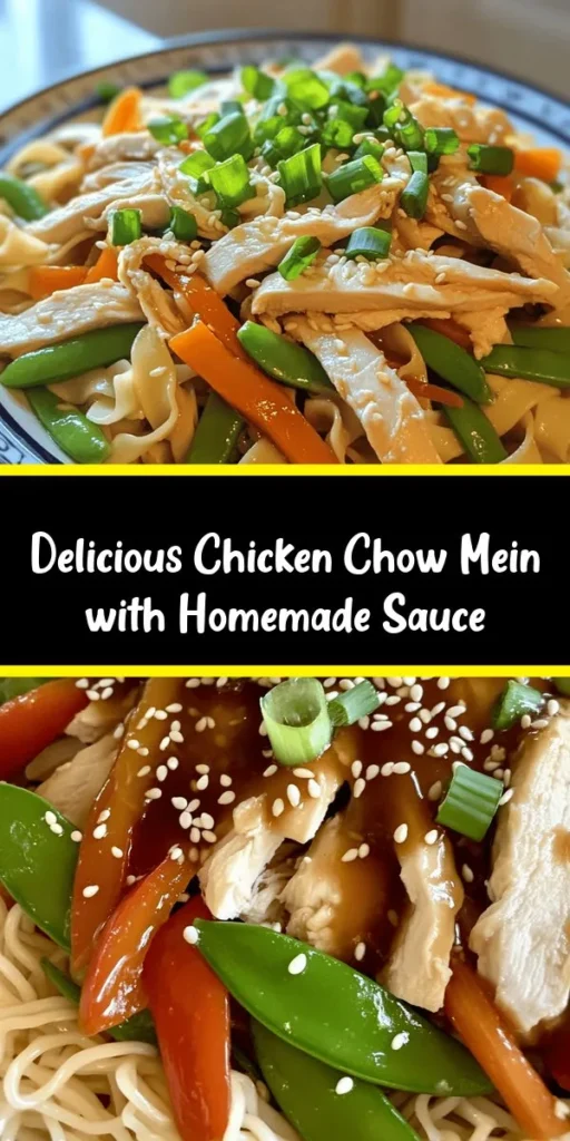Satisfy your cravings with this quick and delicious Chicken Chow Mein, featuring a flavorful homemade sauce that takes just 30 minutes to whip up! Loaded with tender chicken, colorful veggies like bell peppers and snap peas, and perfectly cooked noodles, this dish is perfect for a weeknight dinner. Garnish with green onions and sesame seeds for an extra touch. Enjoy a taste of takeout right at home!