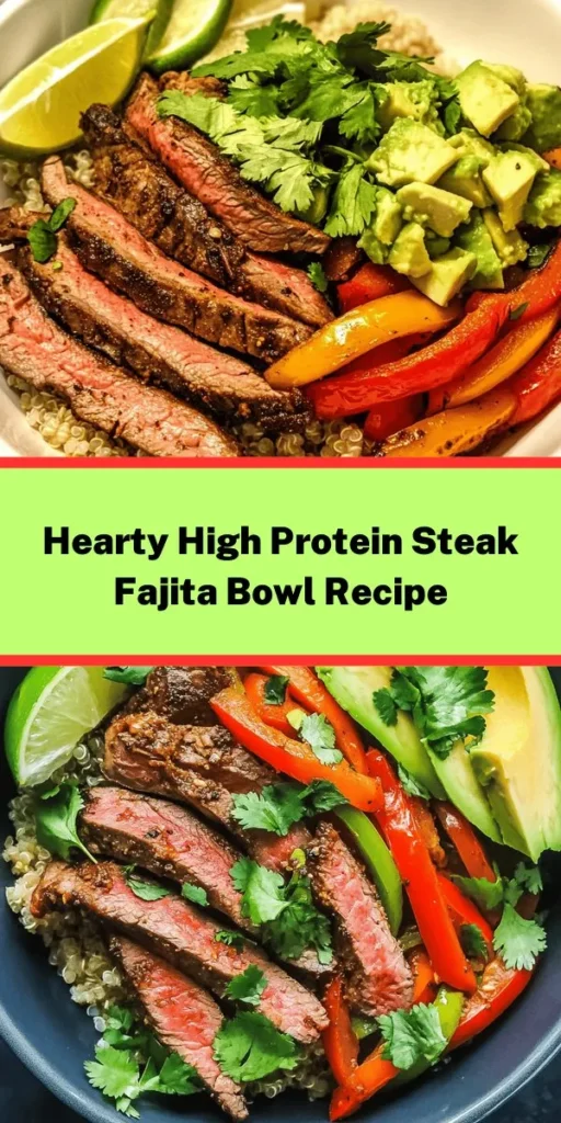 Dive into this sizzling high protein steak fajita bowl that's bursting with flavor and goodness! Featuring marinated flank steak, sautéed bell peppers, and onions, it's served over a bed of nutritious quinoa or brown rice. Black beans, fresh avocado, and a sprinkle of cilantro add the perfect finishing touches. This hearty meal is not only delicious but also packed with protein, making it ideal for a satisfying lunch or dinner! Perfect for meal prep too!