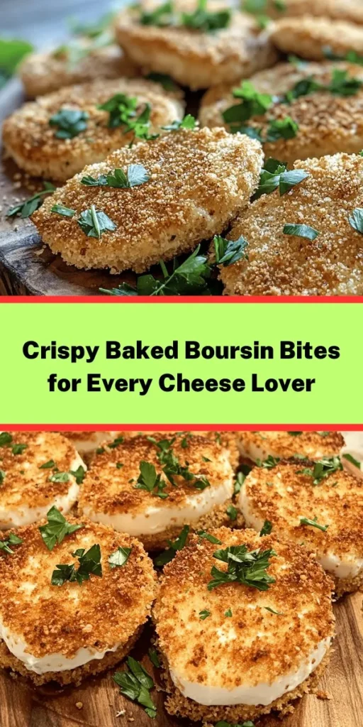 Indulge in this Crispy Baked Boursin Delight—a perfect appetizer or snack that will impress your guests! With just a few simple ingredients like Boursin cheese, Panko breadcrumbs, and Parmesan, you can create a golden, crunchy treat that pairs wonderfully with crackers or fresh veggies. Ready in about 35 minutes, this recipe is not only easy to follow but also elevates any gathering. Don't forget to garnish with fresh parsley for that extra pop!