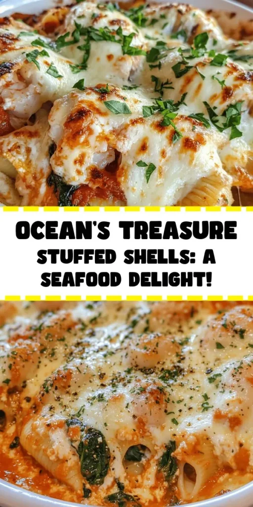 Dive into a delicious seafood experience with these Ocean's Treasure Stuffed Shells! Jumbo pasta shells filled with a savory blend of ricotta, mozzarella, shrimp, scallops, and fresh spinach come together for a dish that's as comforting as it is elegant. Topped with marinara sauce and baked to perfection, these stuffed shells will be the star of your dinner table. Perfect for seafood lovers, this recipe is simple to follow and offers a delightful twist on traditional stuffed pasta. Enjoy a taste of the ocean in every bite!