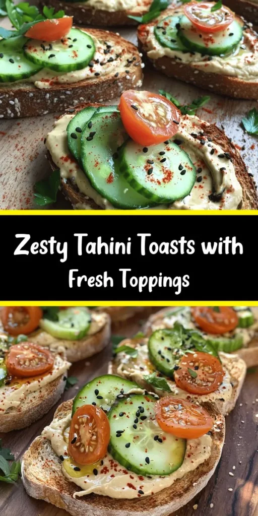 Elevate your breakfast or snack game with these delicious Tahini Toasts topped with zesty freshness! This easy recipe features thick whole grain bread topped with a creamy tahini mixture infused with lemon juice and a hint of sweetness. Layer on fresh cucumbers, creamy avocado, and juicy cherry tomatoes, then finish with a sprinkle of red pepper flakes and a drizzle of olive oil. Perfect for a nutritious bite any time of the day!