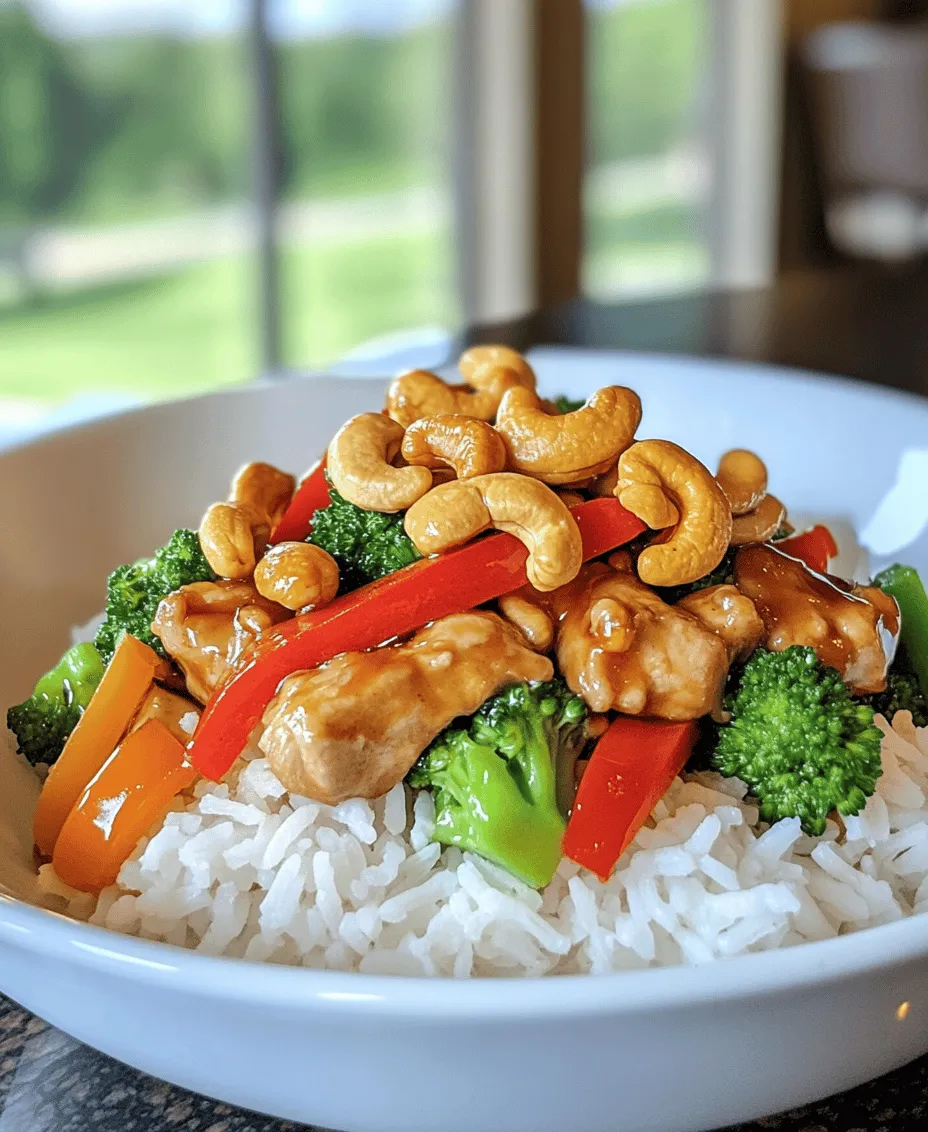 In the fast-paced world we live in, takeout Chinese food has become a popular go-to for busy families and individuals seeking a quick and satisfying meal. From the comforting warmth of fried rice to the savory goodness of sweet and sour chicken, these dishes have found a special place in our hearts. However, while takeout offers convenience, it often comes with hefty portions of sodium, preservatives, and added sugars. Enter the <strong>Better-Than-Takeout Cashew Chicken</strong>—a culinary masterpiece that not only rivals your favorite takeout but also elevates it by allowing you to customize flavors and ingredients according to your preferences.” /></p>
</p>
<h3>Stir-Frying Vegetables: Tips for Maintaining Crunch and Color</h3>
</p>
<p>Achieving the perfect stir-fry is an art that hinges on timing and technique, especially when it comes to vegetables. To ensure your veggies maintain their vibrant colors and delightful crunch while preparing Better-Than-Takeout Cashew Chicken, follow these essential tips:</p>
</p>
<p>1. <strong>Preheat the Pan</strong>: Start with a hot wok or skillet. Preheating your pan ensures that the vegetables cook quickly, sealing in their moisture and crispness. A high temperature also helps to achieve that coveted charred flavor without overcooking the vegetables.</p>
</p>
<p>2. <strong>Cut Uniformly</strong>: Slice your vegetables into uniform sizes to promote even cooking. Thin slices will cook faster, while thicker pieces may take longer. Consider using bell peppers, broccoli, and snap peas for their vibrant colors and crisp textures.</p>
</p>
<p>3. <strong>Add in Stages</strong>: Different vegetables have varying cooking times. Start with those that take longer to soften, such as carrots and bell peppers, and add quicker-cooking vegetables like snap peas or broccoli towards the end. This method will help maintain their crunch and bright color.</p>
</p>
<p>4. <strong>Avoid Overcrowding</strong>: When stir-frying, less is often more. If your pan is too crowded, the vegetables will steam rather than fry, leading to a mushy texture. Cook in batches if necessary to achieve that perfect stir-fry.</p>
</p>
<p>5. <strong>Use High-Quality Oil</strong>: A good quality oil with a high smoke point, like peanut or canola oil, is crucial. This will allow you to cook at higher temperatures without burning the oil, thus preserving the flavors and colors of your vegetables.</p>
</p>
<h3>Combining Ingredients: Ensuring Even Coating of Sauce</h3>
</p>
<p>Once your vegetables are perfectly stir-fried and your chicken is cooked to golden perfection, it’s time to combine everything with your homemade sauce. Here are some tips to ensure an even coating:</p>
</p>
<p>1. <strong>Toss Instead of Stir</strong>: Gently toss the chicken and vegetables in the pan rather than stirring aggressively. This will help distribute the sauce evenly without breaking apart the chicken or causing the vegetables to lose their crunch.</p>
</p>
<p>2. <strong>Add Sauce Gradually</strong>: Pour the sauce over the chicken and vegetables gradually, allowing it to coat everything evenly. Start with a small amount and add more as needed, ensuring that every piece gets a generous coating.</p>
</p>
<p>3. <strong>Heat to Combine</strong>: After adding the sauce, cook for an additional minute or two to allow the sauce to thicken slightly and adhere to the chicken and vegetables. This step enhances the flavors and creates a cohesive dish.</p>
</p>
<h3>Timing and Temperature Considerations for Optimal Results</h3>
</p>
<p>Timing and temperature are crucial in achieving the best results with your Better-Than-Takeout Cashew Chicken. Here’s how to master it:</p>
</p>
<p>– <strong>Prep Ahead</strong>: Ensure all ingredients, including chicken, vegetables, and sauce, are prepped and ready to go. Stir-frying is a quick process, so having everything on hand allows for seamless cooking.</p>
</p>
<p>– <strong>Cook Chicken First</strong>: Start by cooking your chicken until it reaches a golden brown hue and is cooked through, usually about 5-7 minutes. Remove it from the pan and set aside.</p>
</p>
<p>– <strong>Vegetable Timing</strong>: Follow the vegetable cooking tips mentioned above, typically taking 3-5 minutes for a good stir-fry. Keep an eye on the color and texture to avoid overcooking.</p>
</p>
<p>– <strong>Final Toss</strong>: Combine the chicken and vegetables with the sauce just before serving to maintain the freshness and crunch of the ingredients.</p>
</p>
<h3>Flavor Profile and Texture</h3>
</p>
<p>The Better-Than-Takeout Cashew Chicken is not just about the convenience of preparing it at home; it’s also about the delightful balance of flavors and textures that come together in this dish.</p>
</p>
<p>– <strong>Balance of Flavors</strong>: This recipe strikes a perfect harmony between savory, nutty, and slightly sweet elements. The savory soy sauce combines beautifully with the sweetness of honey or sugar, while the cashews add a nutty depth that rounds out the flavor profile. Sesame oil introduces a rich, toasty finish that ties everything together.</p>
</p>
<p>– <strong>Texture Contrast</strong>: One of the highlights of this dish is the texture contrast. The tender chicken complements the crunchy cashews, while crisp-tender vegetables add a refreshing bite. Each element works together to create a satisfying mouthfeel.</p>
</p>
<p>– <strong>Enhancing Flavor with Sesame Oil</strong>: Sesame oil is a key ingredient that elevates the dish. Not only does it impart a distinctive flavor, but it also enhances the aroma of the stir-fry, making it truly irresistible. Using toasted sesame oil in the finishing stages of cooking can intensify this effect.</p>
</p>
<h3>Nutritional Information</h3>
</p>
<p>Understanding the nutritional value of your meals is essential, especially when preparing homemade dishes like Better-Than-Takeout Cashew Chicken. Here’s a breakdown of what you can expect per serving:</p>
</p>
<p>– <strong>Caloric Breakdown</strong>: One serving of this dish typically contains around 400-500 calories, depending on the specific ingredients used and portion sizes. This calorie count includes protein from the chicken, healthy fats from the cashews, and carbohydrates from any sauces and vegetables.</p>
</p>
<p>– <strong>Nutritional Benefits</strong>:</p>
<p>– <strong>Chicken</strong>: A great source of lean protein, essential for muscle repair and growth.</p>
<p>– <strong>Cashews</strong>: Packed with healthy fats, vitamins, and minerals, cashews offer heart-healthy benefits and contribute to a satisfying crunch.</p>
<p>– <strong>Vegetables</strong>: Rich in vitamins, minerals, and fiber, the vegetables add crucial nutrients and help keep you feeling full.</p>
<p>– <strong>Homemade Adjustments</strong>: One of the advantages of making this dish at home is the ability to tailor it to specific dietary needs. For example, you can use gluten-free soy sauce for a gluten-free version or substitute the sugar with a low-carb sweetener for those following a low-carb diet.</p>
</p>
<h3>Serving Suggestions</h3>
</p>
<p>Presentation and side dishes can elevate your Better-Than-Takeout Cashew Chicken experience. Here are some ideas:</p>
</p>
<p>– <strong>Presentation Tips</strong>: Serve the cashew chicken in a large bowl or on a platter, garnished with chopped green onions and sesame seeds. This adds a pop of color and makes the dish visually appealing.</p>
</p>
<p>– <strong>Complementary Sides</strong>: This dish pairs well with several sides, including:</p>
<p>– <strong>Steamed Rice</strong>: A classic pairing, jasmine or brown rice complements the flavors of the stir-fry perfectly.</p>
<p>– <strong>Noodles</strong>: Serve it over rice noodles or soba for a delicious twist.</p>
<p>– <strong>Vegetable Spring Rolls</strong>: Fresh spring rolls filled with crisp vegetables can provide a refreshing contrast.</p>
</p>
<p>– <strong>Beverage Pairings</strong>: Consider pairing your meal with a light, crisp white wine such as Sauvignon Blanc or a refreshing iced green tea. These beverages can enhance the flavors of your dish without overpowering them.</p>
</p>
<h3>Storing and Reheating</h3>
</p>
<p>If you have leftovers (though that might be unlikely!), here are some best practices for storing and reheating your Better-Than-Takeout Cashew Chicken:</p>
</p>
<p>– <strong>Best Practices for Storing</strong>: Allow the dish to cool completely before transferring it to an airtight container. It can be stored in the refrigerator for up to three days.</p>
</p>
<p>– <strong>Reheating Tips</strong>: To reheat without losing texture and flavor, consider using a skillet over medium heat. Add a splash of water or broth to create steam, which can help revive the crunch of the vegetables. Stir-fry for a few minutes until heated through.</p>
</p>
<p>– <strong>Repurposing Leftovers</strong>: If you have extra cashew chicken, consider using it in a salad or as a filling for wraps. It can also be added to a grain bowl with quinoa or brown rice for a quick lunch option.</p>
</p>
<h3>Conclusion</h3>
</p>
<p>In summary, the Better-Than-Takeout Cashew Chicken recipe is a must-try for anyone looking to enjoy a delicious, homemade meal that rivals their favorite takeout. With its perfect balance of savory, nutty, and slightly sweet flavors, combined with the satisfying crunch of cashews and fresh vegetables, this dish is sure to become a family favorite.</p>
</p>
<p>Don’t hesitate to experiment with ingredients, whether that means swapping in your favorite vegetables or adjusting the sauce to suit your taste preferences. The joy of cooking at home lies in the ability to tailor each dish to your liking while enjoying the health benefits of fresh, wholesome ingredients. So gather your ingredients, fire up that skillet, and indulge in the delightful experience of creating your own version of this Better-Than-Takeout Cashew Chicken. Happy cooking!</p>
<div id=