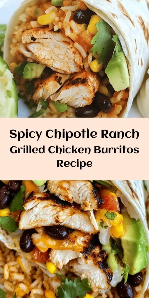 Try this Spicy Chipotle Ranch Grilled Chicken Burrito for a flavor-packed meal! Marinate chicken breasts in a zesty blend of chipotle powder and spices, then grill to perfection. Fill large flour tortillas with a delicious mix of rice, black beans, corn, ranch dressing, and cheese, topped with grilled chicken. Optionally, grill the assembled burritos for a crispy finish. Perfect for lunch or dinner, these burritos are sure to impress!