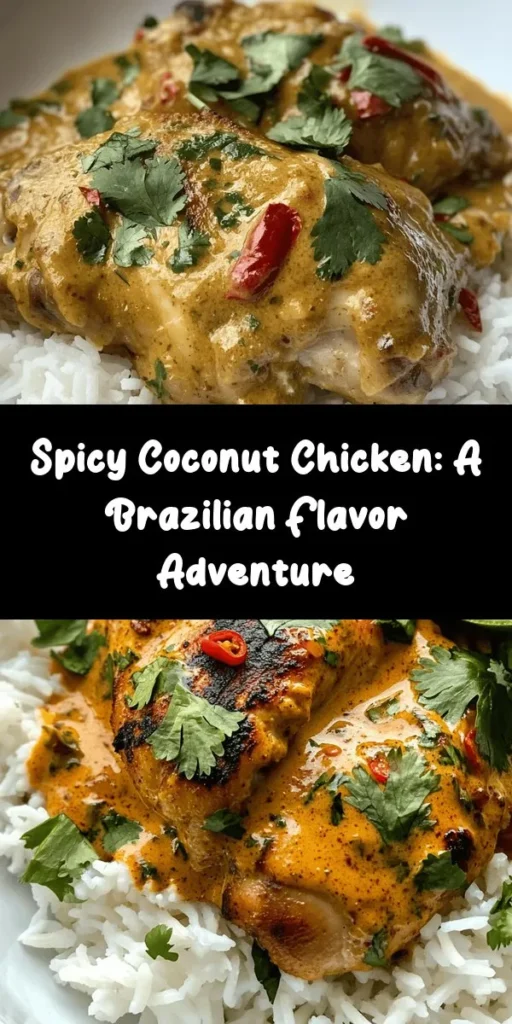 Discover the vibrant flavors of Brazil with this Spicy Brazilian Coconut Chicken! This dish combines tender chicken thighs marinated in coconut milk and spices, creating a rich and aromatic sauce. With fresh chili peppers for a kick, your taste buds will be dancing! Serve it over cooked rice or quinoa and garnish with cilantro for a refreshing finish. Perfect for family dinners or impressing guests, this recipe is sure to become a favorite! Enjoy easy cooking and exotic flavors in one delicious meal.