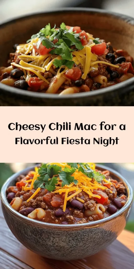 Spice up your dinner routine with this delicious Chili Mac Fiesta! This hearty dish combines tender elbow macaroni, ground beef or turkey, kidney and black beans, and zesty tomatoes, all simmered together with flavorful spices. Topped with melted sharp cheddar cheese, it’s a comforting meal perfect for any occasion. Easy to make in just 30 minutes, it’s sure to be a family favorite. Don't forget to garnish with fresh cilantro or green onions for an extra kick!