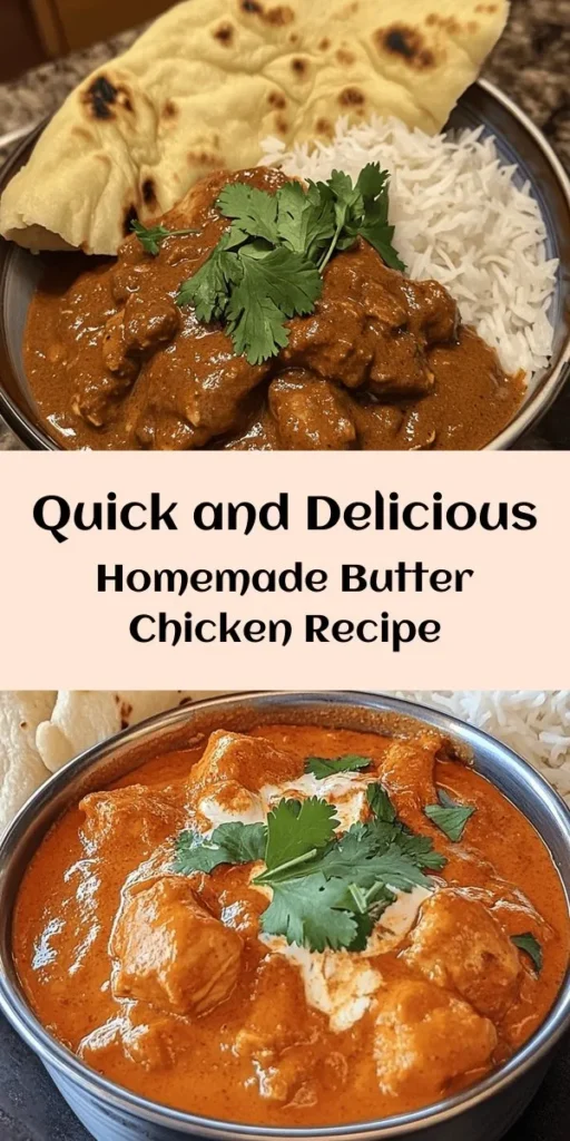 Discover how to whip up delicious homemade butter chicken in just 30 minutes! This flavorful dish features tender chicken thighs simmered in a creamy sauce with aromatic spices, garlic, and ginger. Perfect for weeknight dinners, serve it hot over basmati rice or with warm naan for the ultimate comfort meal. With simple ingredients and easy steps, you’ll impress your family and friends with this restaurant-quality recipe. Don’t forget to garnish with fresh cilantro!