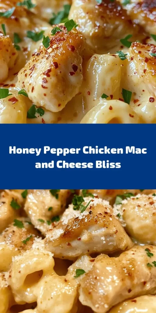 Indulge in a bowl of Creamy Honey Pepper Chicken Mac and Cheese Delight! This comforting dish combines tender chicken, al dente elbow macaroni, and a luscious cream sauce loaded with cheddar and mozzarella cheese. With a touch of honey for sweetness and a hint of heat from red pepper flakes, it's a unique twist on classic mac and cheese. Perfect for a cozy dinner, this recipe takes just 30 minutes to prepare. Serve warm and enjoy the creamy goodness!