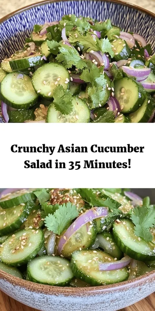 Looking for a light and refreshing side dish? Try this Easy Asian Cucumber Salad! Packed with flavor, it's made with fresh cucumbers, red onion, and a tangy dressing of rice vinegar, soy sauce, sesame oil, and a hint of honey. Finished with toasted sesame seeds and cilantro, it's perfect for picnics or as a side for any meal. Quick to prepare and ready in just 35 minutes! Enjoy this crisp and delicious salad any time of year.