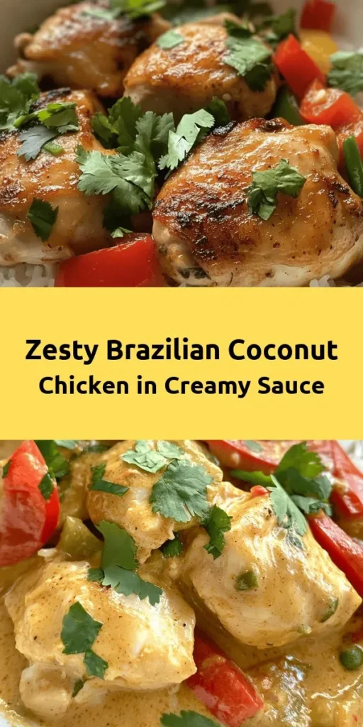Discover the bold flavors of Spicy Brazilian Coconut Chicken that's sure to excite your taste buds! This simple recipe combines tender chicken thighs with creamy coconut milk, vibrant red bell peppers, and zesty spices for a dish that's both comforting and exotic. Marinate, sear, and simmer for a delicious meal in about an hour. Garnish with fresh cilantro and serve over rice for a complete, satisfying dinner. Enjoy a taste of Brazil at home!