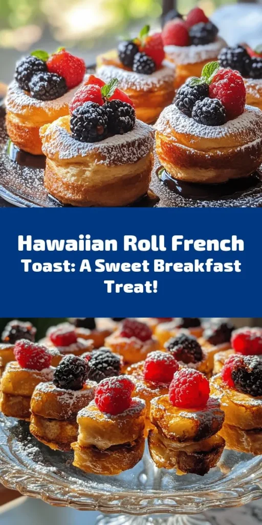 Indulge in a tropical twist with this Hawaiian Roll French Toast Delight! Made with soft Hawaiian rolls, it's soaked in a rich egg mixture infused with vanilla, cinnamon, and nutmeg. Cooked to golden perfection, serve it warm topped with maple syrup, fresh berries, and a dusting of powdered sugar. Perfect for a weekend brunch or a special breakfast, this delightful dish is quick to make and simply irresistible. Enjoy the sweet flavors of paradise!