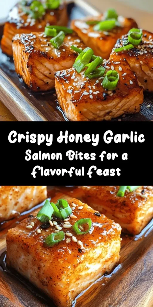 Savor the deliciousness of crispy honey garlic salmon bites! This quick and easy recipe features tender salmon cubes coated in a flavorful garlic and paprika batter, perfectly fried until golden brown. Tossed in a sweet and savory honey garlic sauce with a hint of ginger, these bites make a delightful appetizer or main dish. Garnished with green onions and sesame seeds, they're not just tasty but also beautiful. Enjoy this 25-minute recipe that serves four!