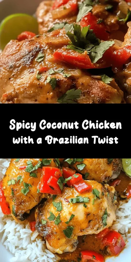 Savor the vibrant flavors of Spicy Brazilian Coconut Chicken! This delicious dish features tender chicken thighs marinated in zesty spices and simmered in creamy coconut milk, complemented by sautéed onions, garlic, and fresh green chilies for that perfect kick. Serve it over fluffy white rice, and don’t forget to garnish with fresh cilantro for a burst of freshness. It's an easy yet impressive meal that brings a taste of Brazil to your dinner table. Perfect for any night of the week!