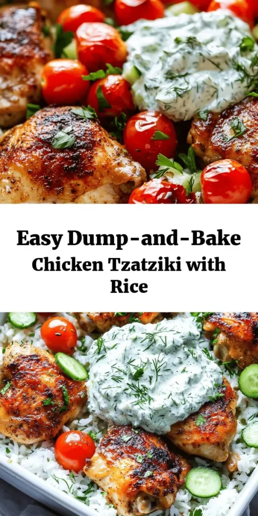 Discover the delightful flavors of this Dump-and-Bake Chicken Tzatziki with Rice! This effortless recipe features tender chicken thighs, fluffy rice, and a refreshing tzatziki sauce made with Greek yogurt, cucumbers, and fresh dill. Simply layer your ingredients, pop it in the oven, and let it cook to perfection. Ready in just one hour, it's a nutritious meal that's as tasty as it is easy. Perfect for busy weeknights or a cozy family dinner!
