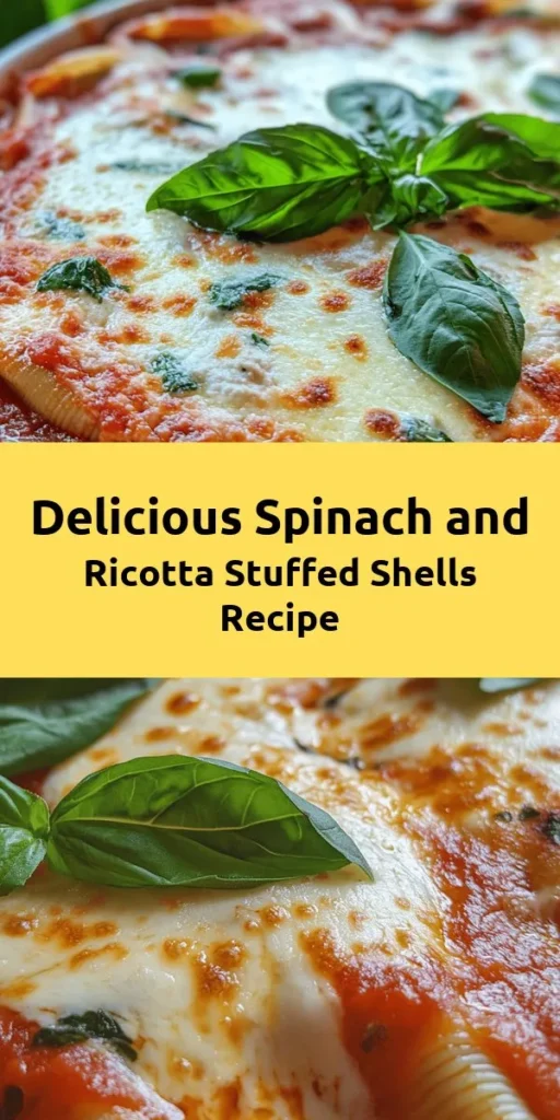 Indulge in this easy and delicious Spinach & Ricotta Stuffed Shells recipe! Perfect for a cozy dinner, each jumbo shell is filled with a creamy ricotta and spinach mixture, topped with marinara and gooey mozzarella. With a quick prep time of just 15 minutes and a total cook time of 50 minutes, this dish serves 4 and is ideal for family meals or gatherings. Garnish with fresh basil for a pop of color. Enjoy a taste of Italy tonight!